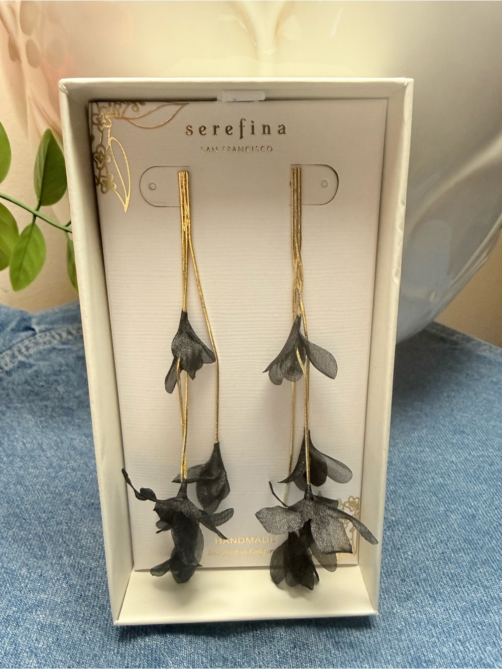 Serefina Gold Drop Earrings with Black Petal Tassels